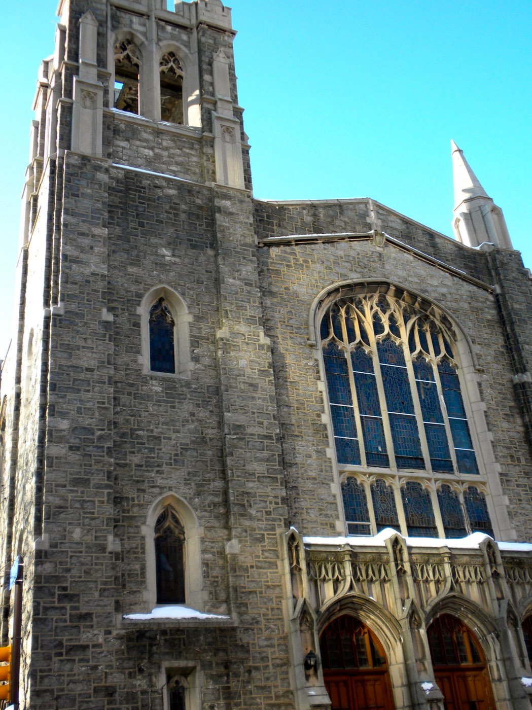 The Gothic Revival facade and great tracery window of Big Wesley