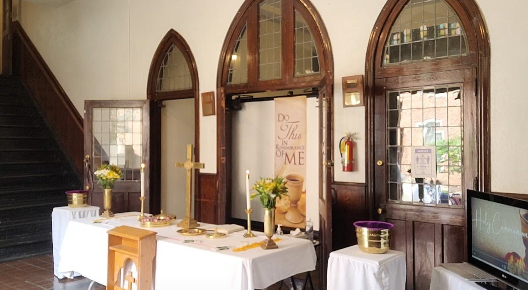 The narthex of Big Wesley, with the communion table set